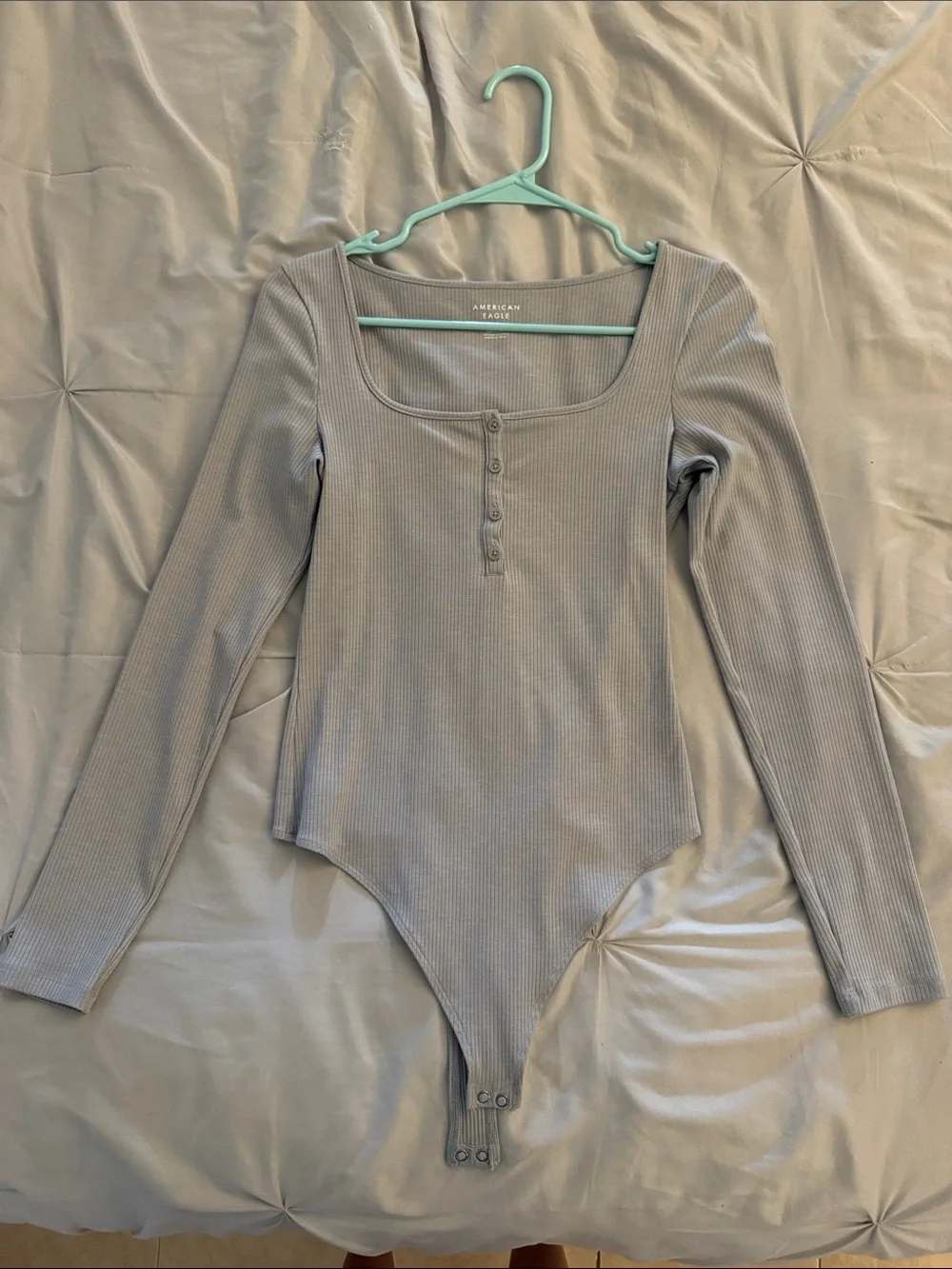 American Eagle Outfitters Gray Ribbed Long-Sleeve Henley Bodysuit - Picture 1 of 3